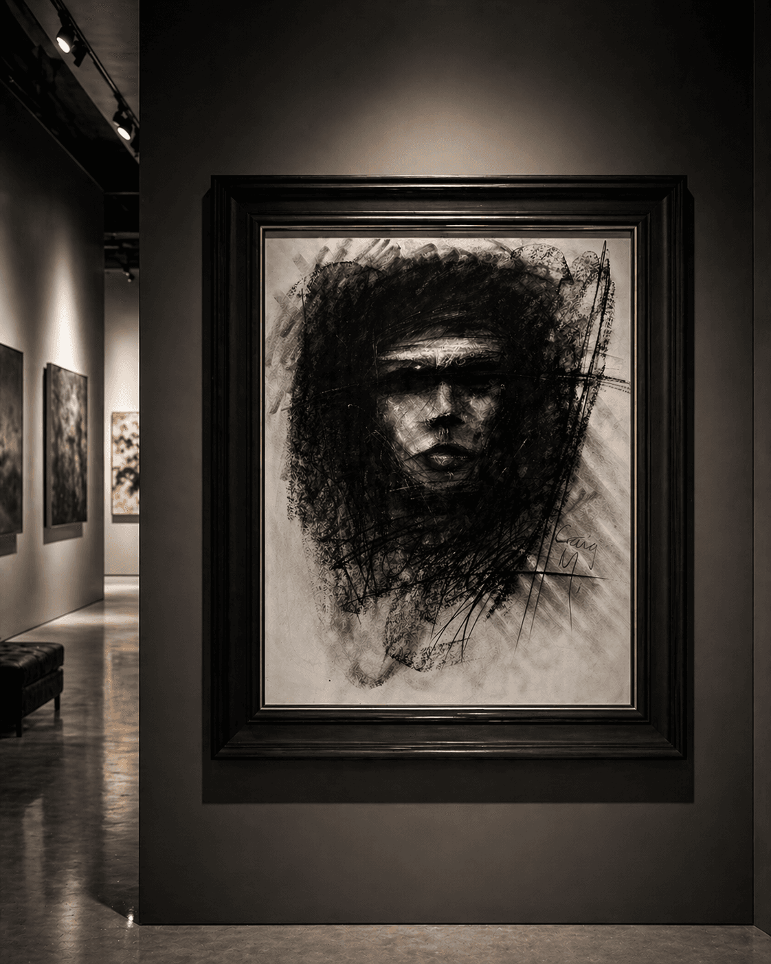 Expressive charcoal portrait of a face with intense eyes, framed on a dark gallery wall.