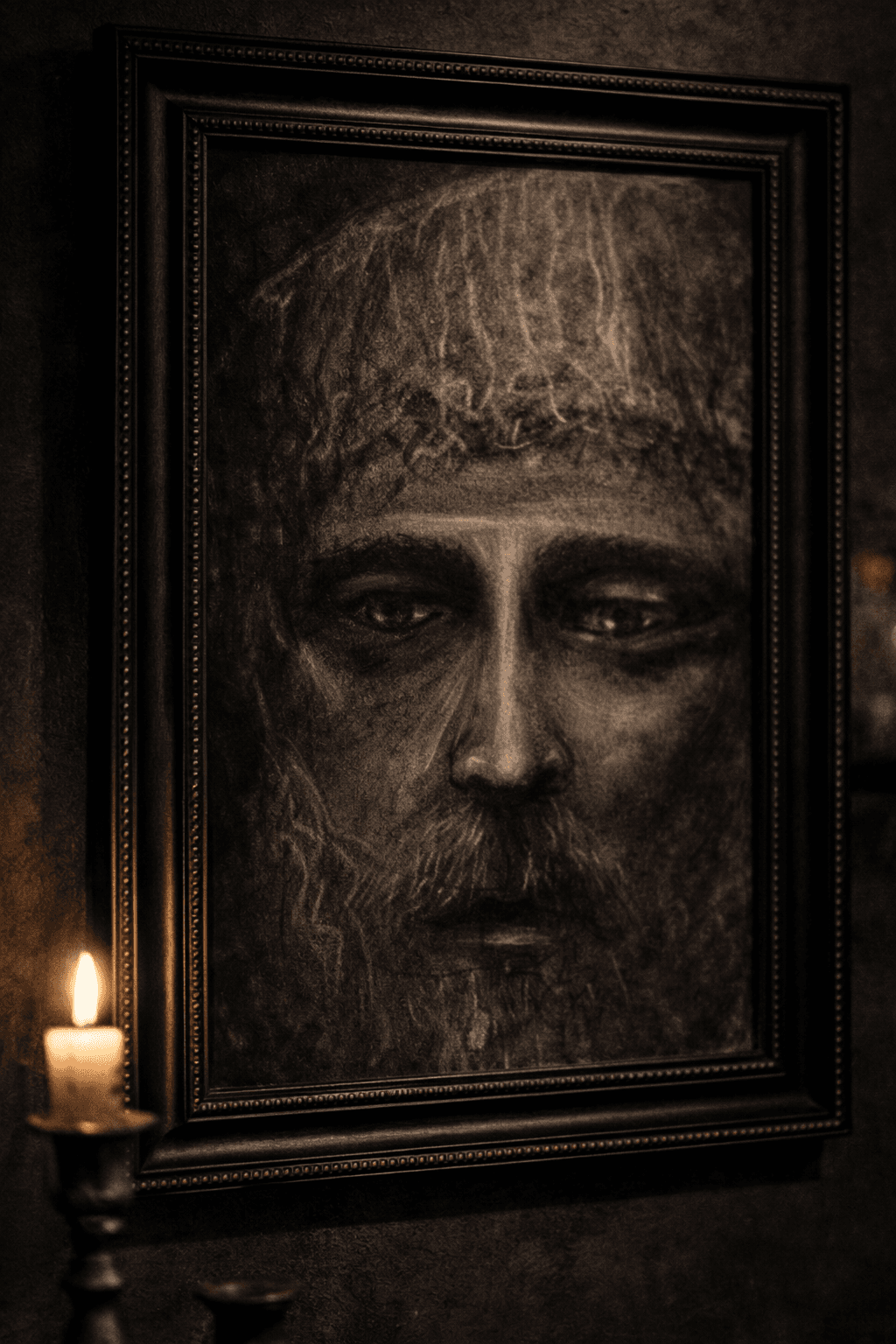 Framed charcoal portrait of a bearded man, lit by a single candle in the dark.