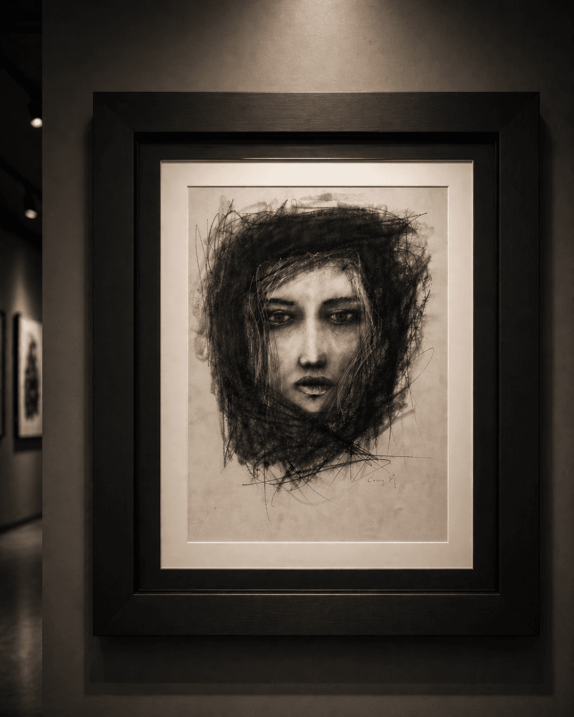 Framed charcoal portrait of a woman's face surrounded by expressive, dark scribbled lines.