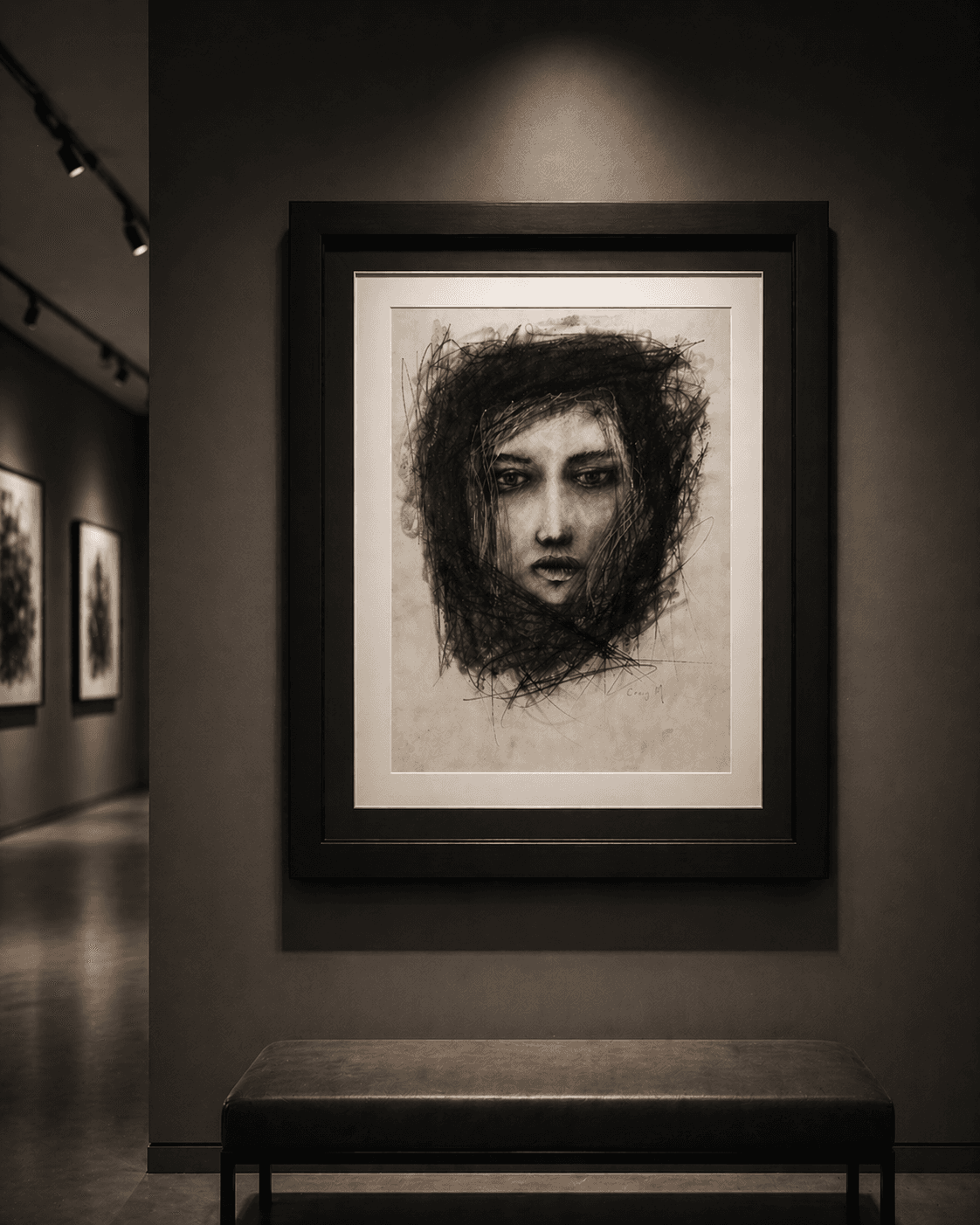 Framed charcoal sketch of a woman's face with scribbled hair in a dark gallery.