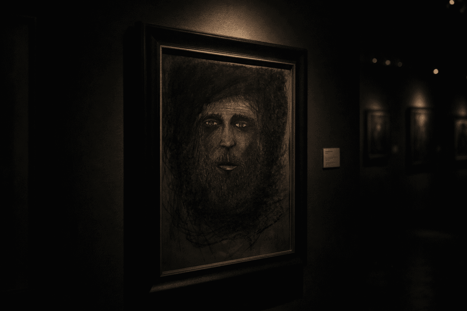 Framed charcoal portrait of a bearded man with intense eyes in a dark, moody gallery.