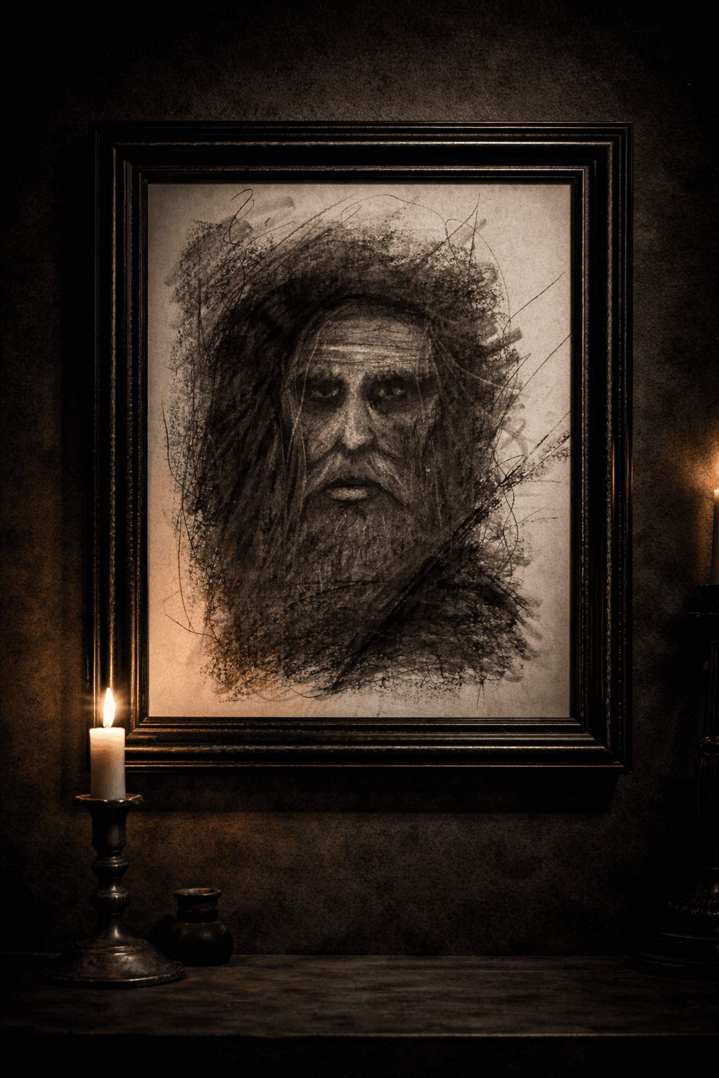 Framed charcoal portrait of a bearded man illuminated by a single candle in darkness.