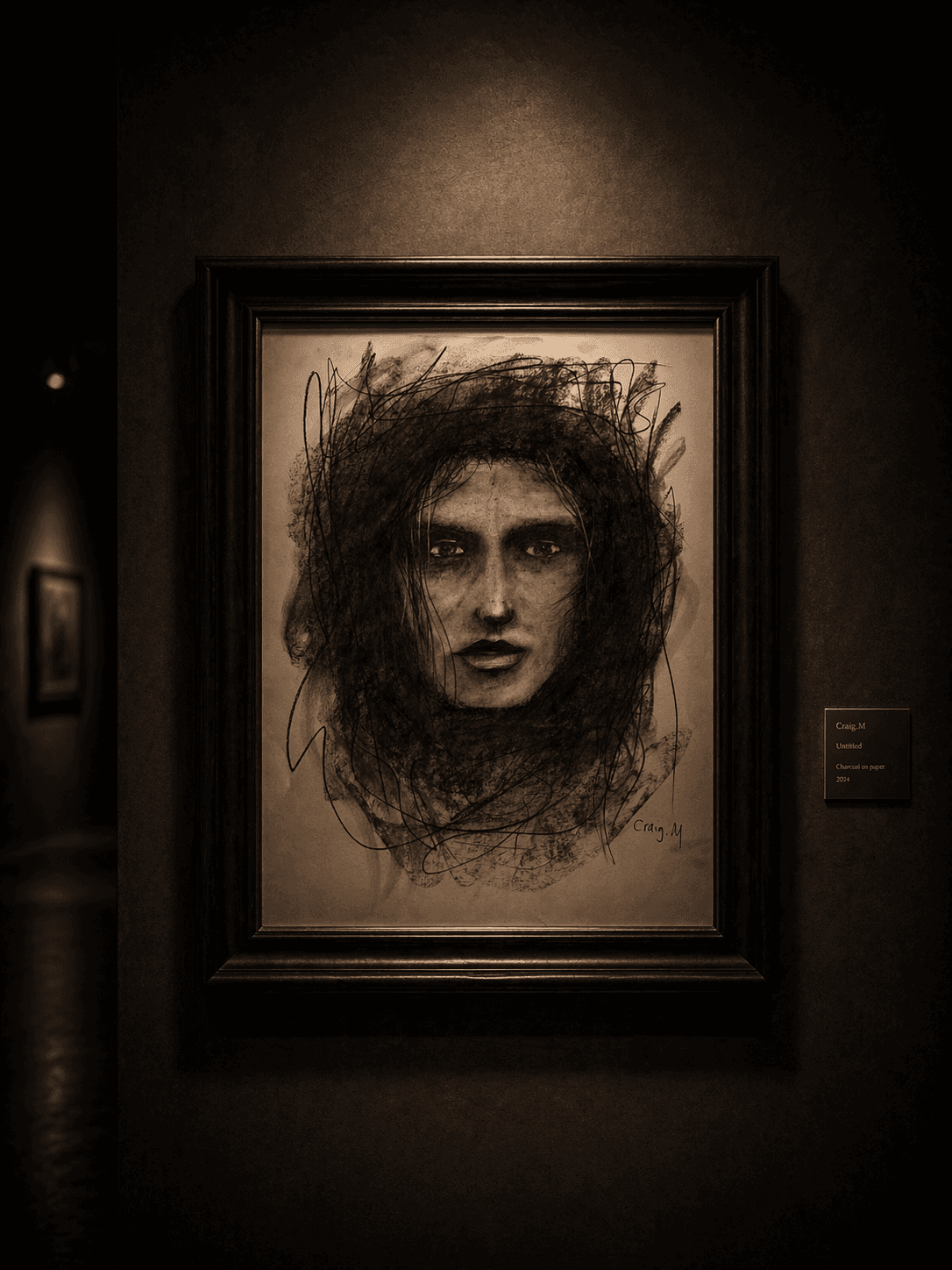 Framed charcoal sketch of a face with scribbled hair, spotlighted on a dark gallery wall.